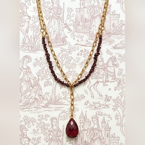 Natural Ruby Chips In 2-Strand Paperclip Necklace W/ Genuine Ruby Pendant - Picture 1 of 12